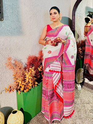 YINATZ KY GARCIA CREATION Woven Mekhela Chador Cotton Silk Saree(White)