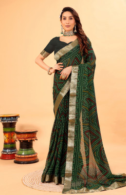 georgette Printed Bandhani Georgette Saree(Green)