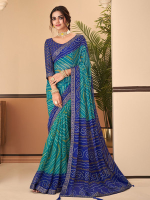 SainiVastra Printed Bandhani Chiffon Saree(Green)