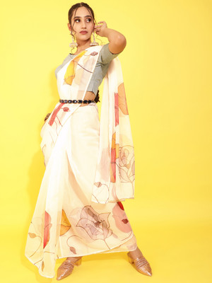 styleden Digital Print Bollywood Mulmul Saree(White, Beige)