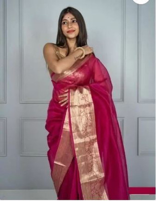 Priya Self Design, Solid/Plain Bollywood Organza Saree(Pink)