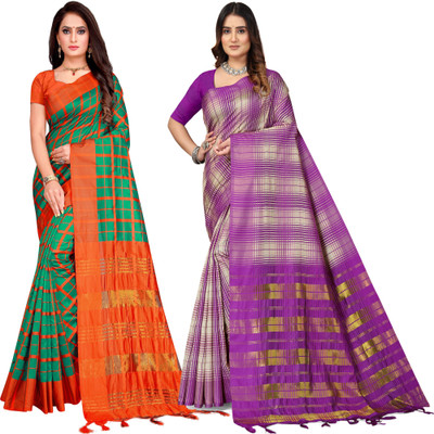 PRIYANSH CREATION Checkered Daily Wear Cotton Blend Saree(Multicolor)
