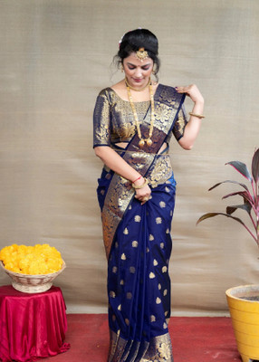 AVSAR PRINTS Woven Bollywood Silk Blend Saree(Dark Blue)