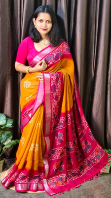 Suto Printed, Floral Print Bandhani Linen Saree(Yellow, Pink)