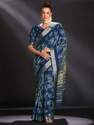 Anouk Rustic Printed Chinnalapattu Silk Blend Saree(Dark Blue)