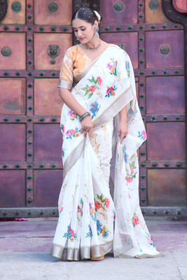 Moda Rapido Printed Daily Wear Cotton Linen Saree(White)