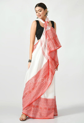 GOLU Woven Handloom Cotton Blend Saree(Red, White)