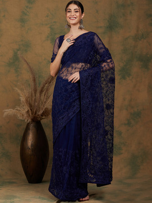 Sangria Embroidered Kalamkari Net Saree(Dark Blue)