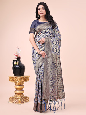 Tasrika Woven Banarasi Cotton Silk Saree(Grey, Dark Blue)