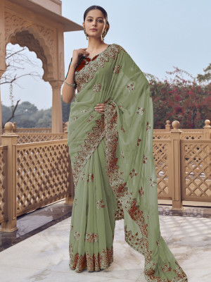 odette Embellished Saree with Attached Blouse Georgette Saree(Pack of 2, Green)