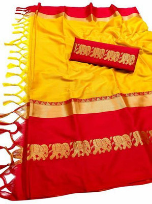 NEW SARES Solid/Plain Dharmavaram Cotton Blend Saree(Yellow)