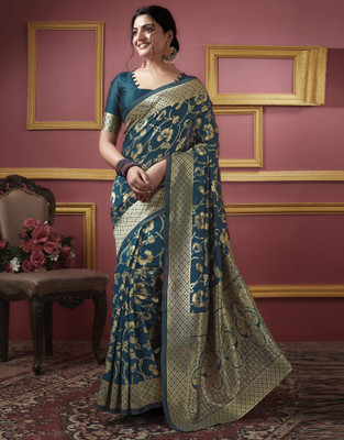 Anmi Woven Kanjivaram Jacquard, Silk Blend Saree(Green, Gold)