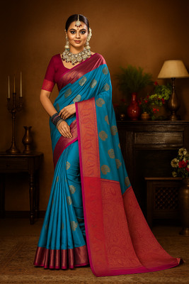 banalata fashion Printed Banarasi Georgette Saree(Blue, Maroon)