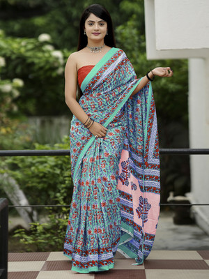 Tasrika Printed Daily Wear Cotton Blend Saree(Light Blue)