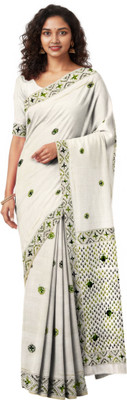 SHRISTI CLOTHINGS Embroidered Kantha Tussar Silk Saree(Cream)