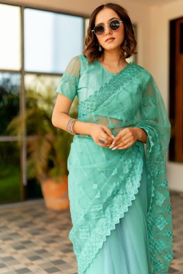 SUBHAM Embroidered, Embellished Bollywood Net Saree(Light Green)