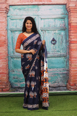 Akshara Fashion Printed, Blocked Printed, Floral Print, Hand Painted Daily Wear Pure Cotton Saree(Blue, Orange)