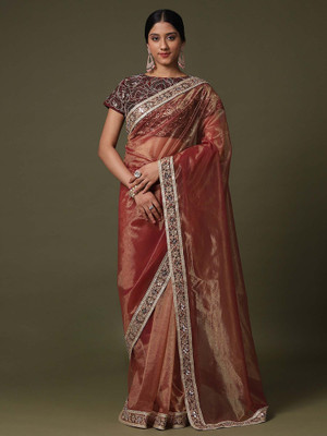 Sareemall Printed Bollywood Net Saree(Brown)