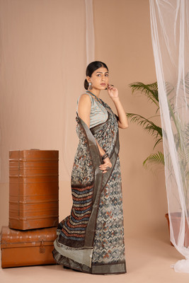 WISHLIST Digital Print Daily Wear Linen Saree(Multicolor)