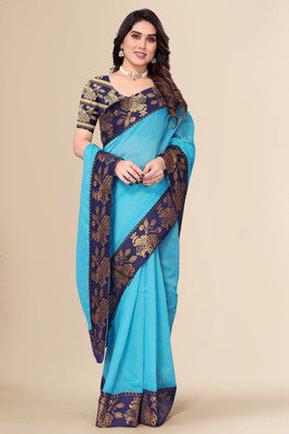 FABMORA Striped, Self Design, Solid/Plain Bollywood Cotton Silk Saree(Blue)