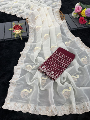 Ethina Fashion Embroidered Bollywood Crepe Saree(White)