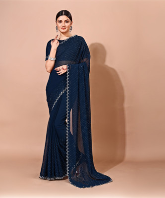 VIBHAGYAA Embellished Bollywood Chiffon Saree(Dark Blue)
