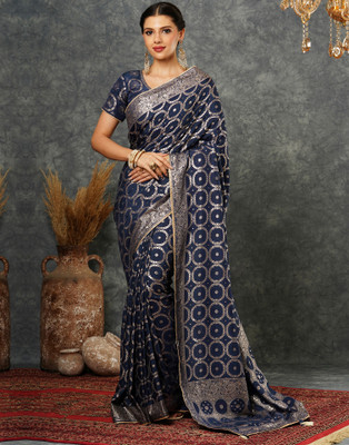 Samah Self Design, Embellished, Dyed Banarasi Cotton Silk Saree(Dark Blue, Gold)