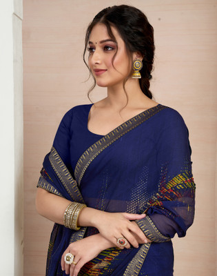 Anmi Geometric Print, Printed, Embellished Bandhani Chiffon, Georgette Saree(Blue)