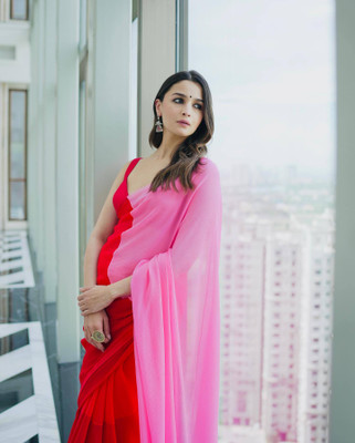 iBrand Printed Bollywood Georgette Saree(Red)