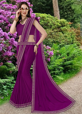 Anugrah Textile Solid/Plain Banarasi Lycra Blend, Chiffon Saree(Purple)
