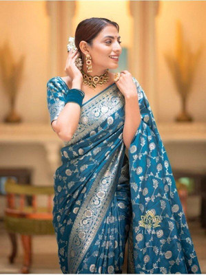 HouseOfCommon Woven, Self Design Banarasi Silk Blend Saree(Blue)