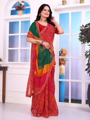 Anmi Printed Bandhani Georgette Saree(Red)