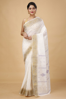 Happy Creation Printed Tant Handloom Cotton Blend Saree(Gold)