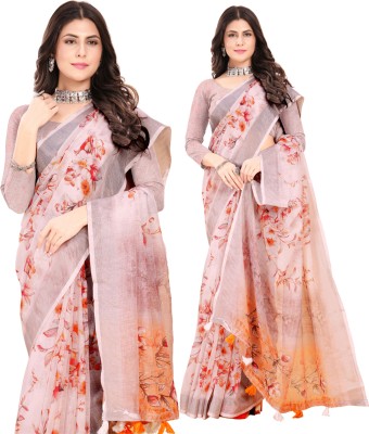 THIRA Digital Print Bollywood Linen Saree(Beige)