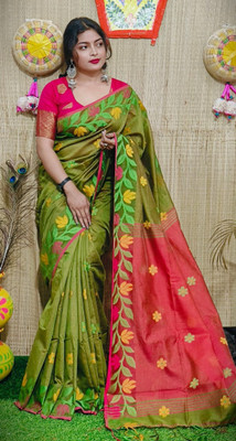 PRANATI ENTERPRISE Woven, Self Design, Floral Print Handloom Pure Cotton, Cotton Silk Saree(Light Green)