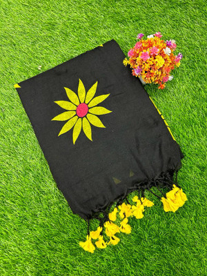 TutunDebnath Hand Painted Handloom Cotton Blend Saree(Black)