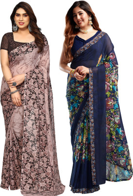 Samah Printed, Floral Print, Geometric Print Daily Wear Georgette Saree(Pack of 2, Multicolor)