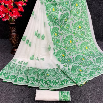 SOMVATI Embellished, Floral Print, Self Design, Woven Jamdani Cotton Silk Saree(Light Green)