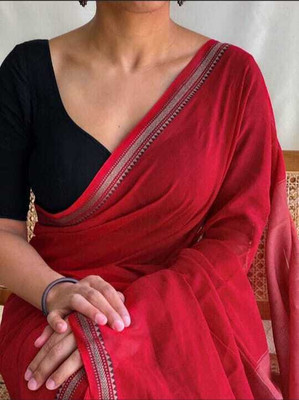 ButiQ Woven, Solid/Plain Handloom Cotton Blend Saree(Red)