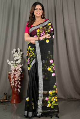 DipDiya Hand Painted, Self Design Handloom Cotton Blend Saree(Black)