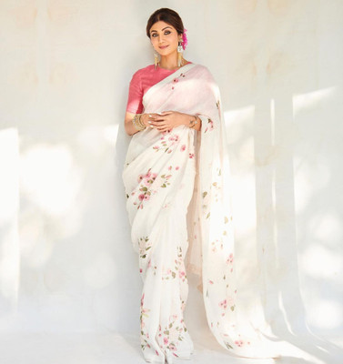 Moda Rapido Printed Bollywood Cotton Linen Saree(White)