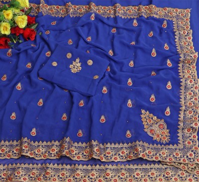 BUTTERSILK FASHION Embroidered Bollywood Georgette Saree(Dark Blue)