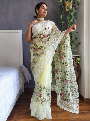ANOUK Embroidered Saree with Attached Blouse Organza Saree(Yellow)