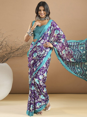 Sangria Floral Print Daily Wear Georgette Saree(Purple)