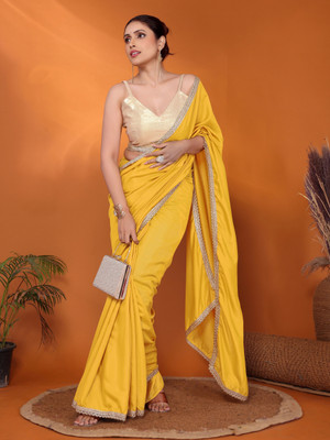 Divastri Embellished, Solid/Plain Bollywood Crepe, Georgette Saree(Yellow)