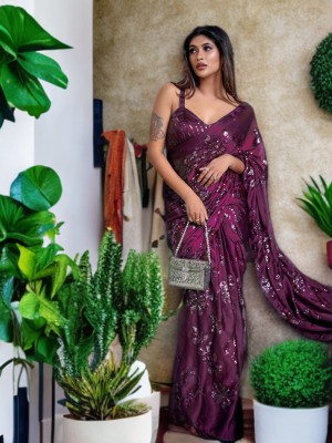 aawiya Embroidered Bollywood Silk Blend Saree(Purple)