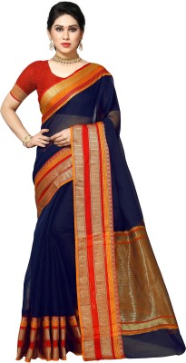 TATMIN Self Design, Temple Border, Woven Kota Doria Cotton Blend Saree(Blue)