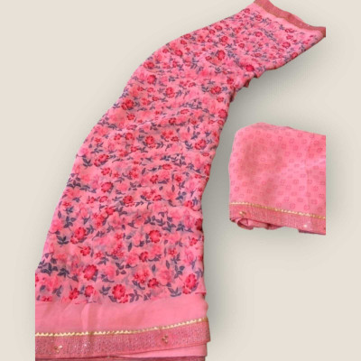 Majisasari Printed Bandhani Chiffon Saree(Pink)