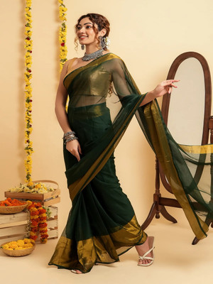HouseOfCommon Solid/Plain Bollywood Silk Blend Saree(Green)