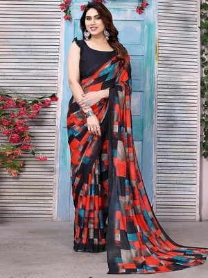 Falessa Floral Print Bollywood Georgette Saree(Black, Red)